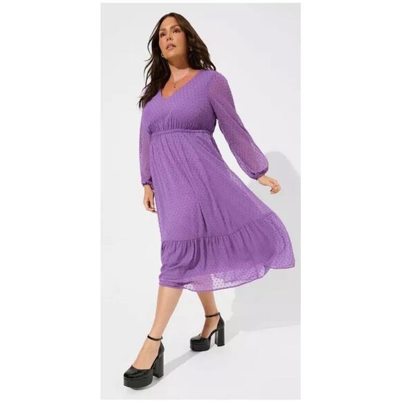 Torrid Dresses & Skirts - TORRID Purple Swiss Dot Tea Length Open Back Ruffle Midi Dress